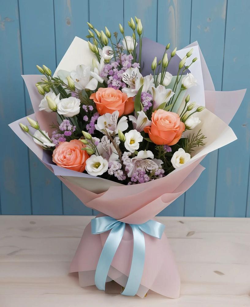 Букет цветов из: Лизиантусы, Розы, Альстромерии и Гипсофила в Ачите